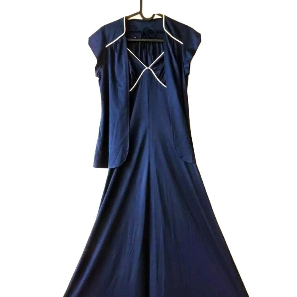 Vintage 70s Maxi Halter Dress with Jacket Dark Blue Disco Bridesmaid Prom